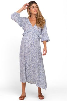 Women's Blue Floral Ruffle V-Neck Midi Dress