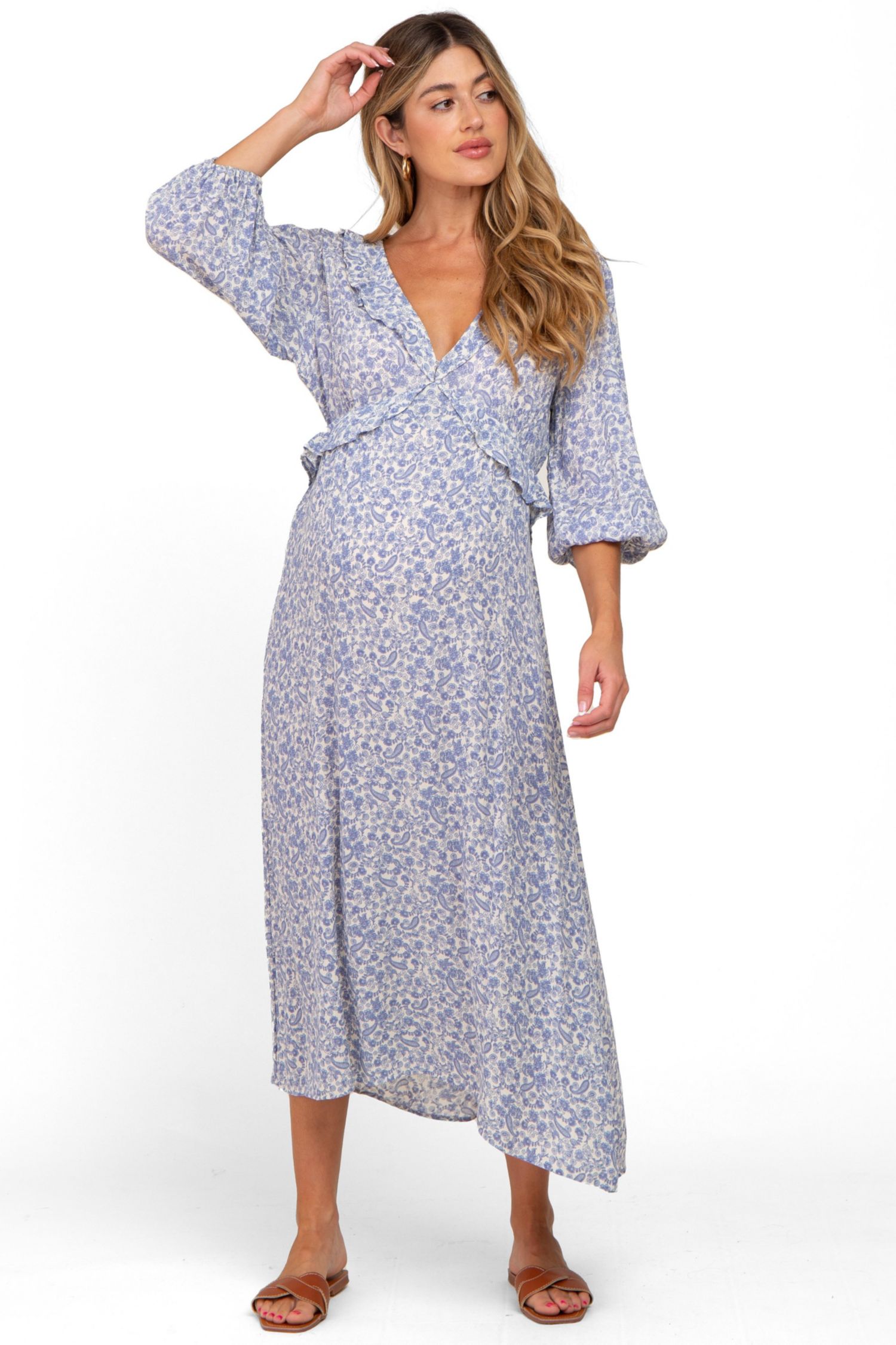 Women's Blue Floral Ruffle V-Neck Midi Dress