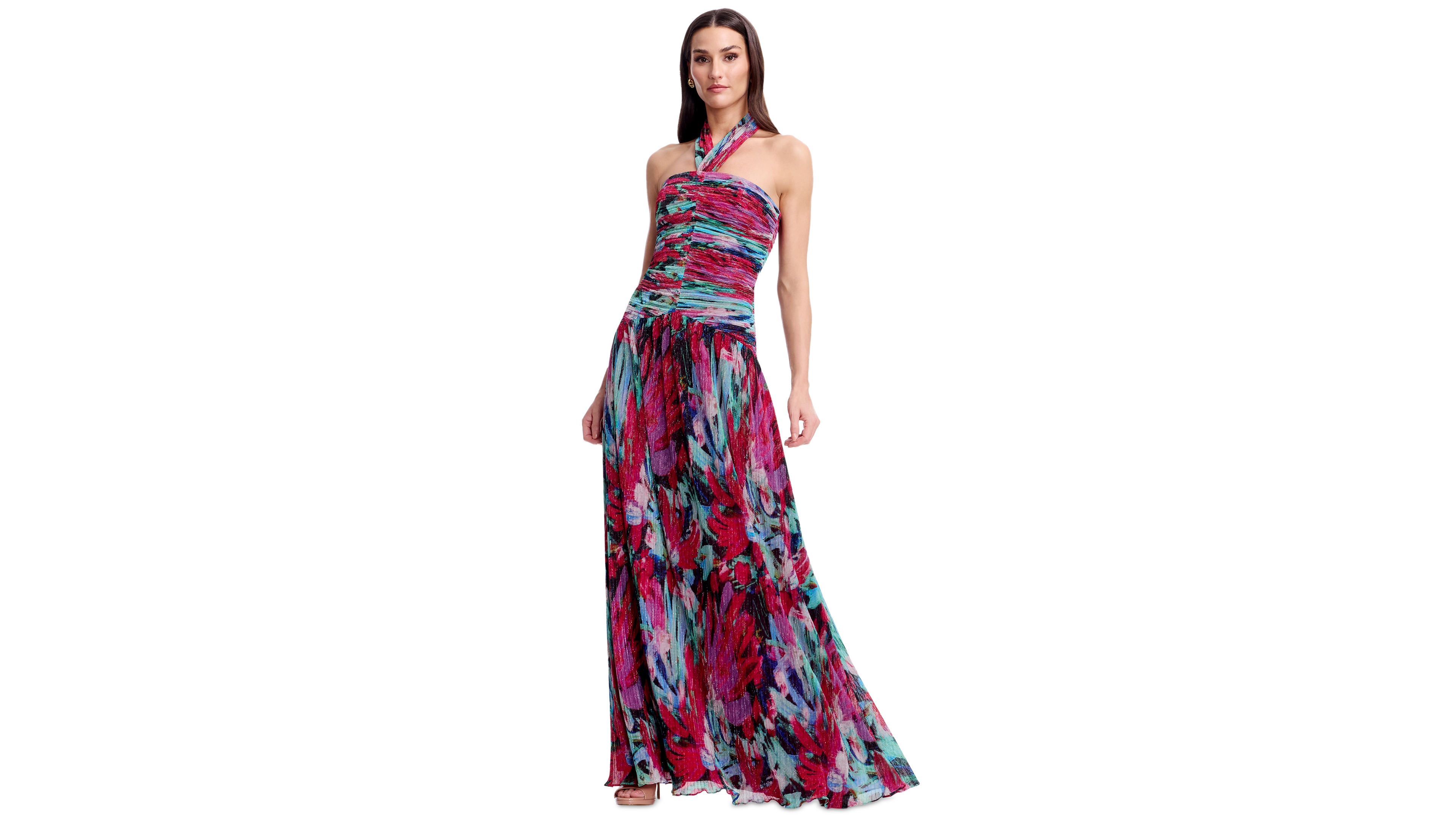 Dress the Population Women's Printed Halter Neck Ruched Drop Waist Gown