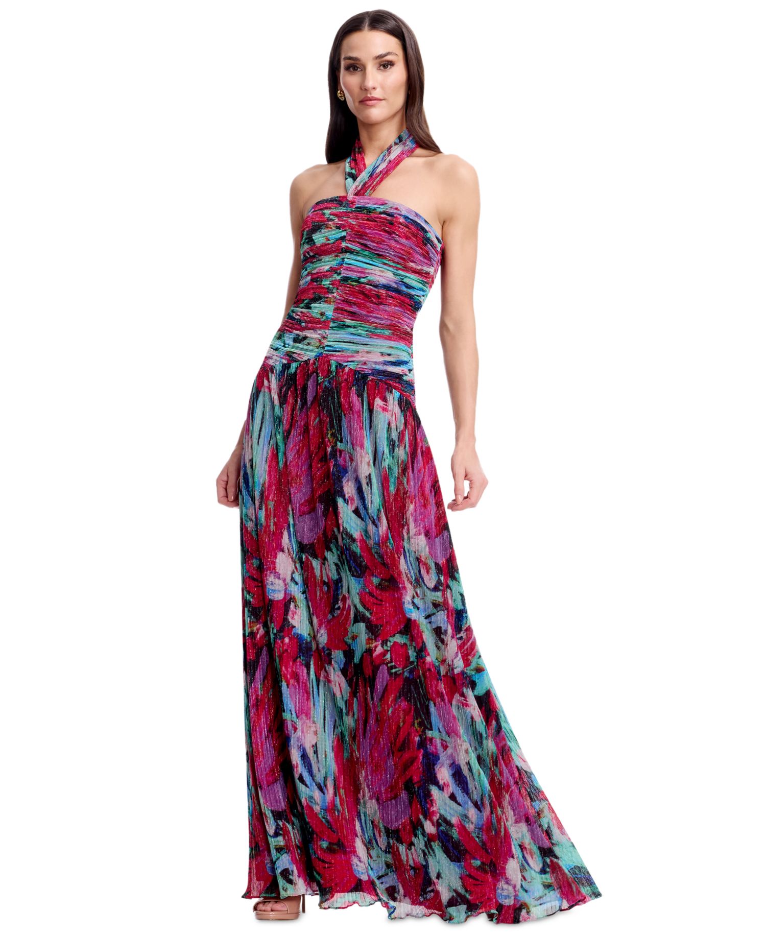 Women's Printed Halter Neck Ruched Drop Waist Gown