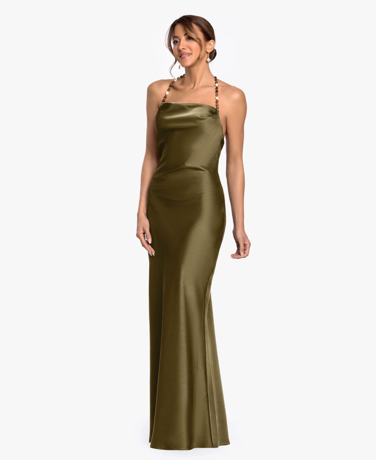 Women's Cowl Neck Beaded Straps Column Gown