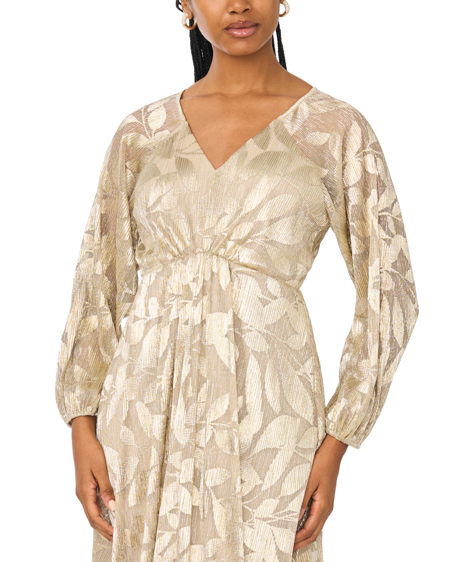 Women's Floral Shimmer Foil Detail V-Neck Gown