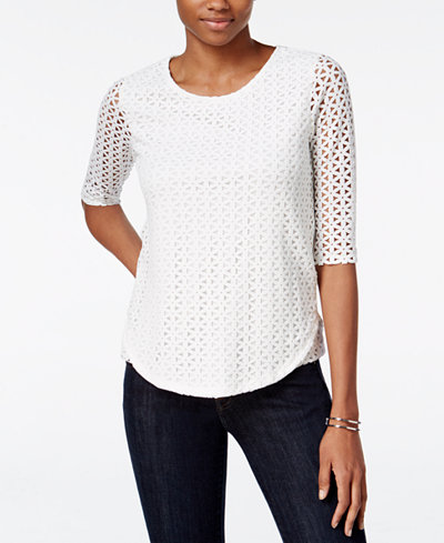 Bar III Elbow-Sleeve Eyelet Top, Only at Macy's