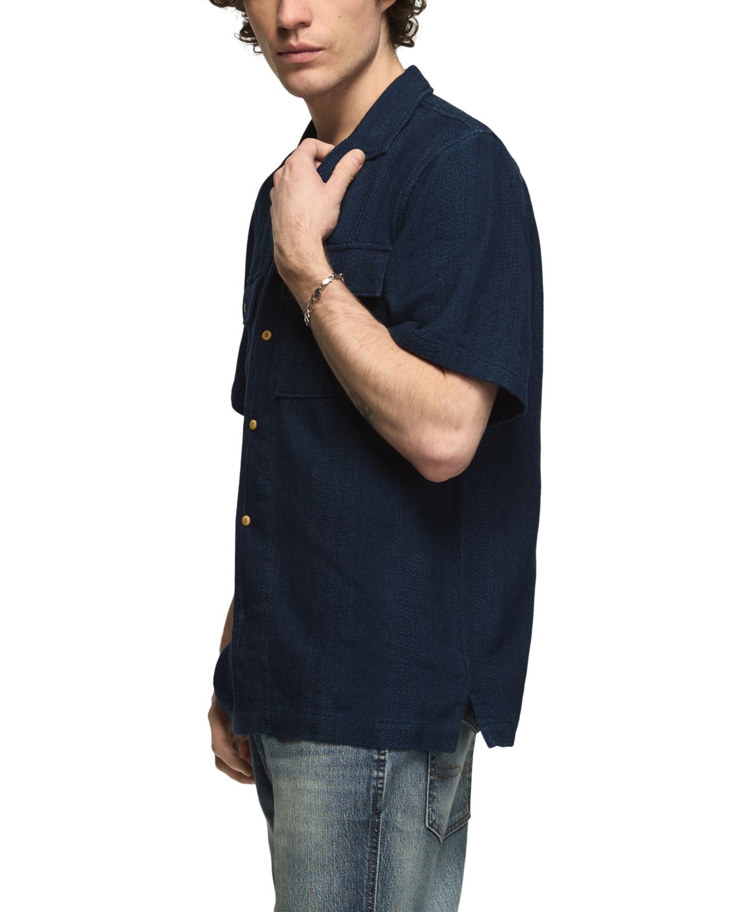 Men's Textured Indigo Short-Sleeve Shirt