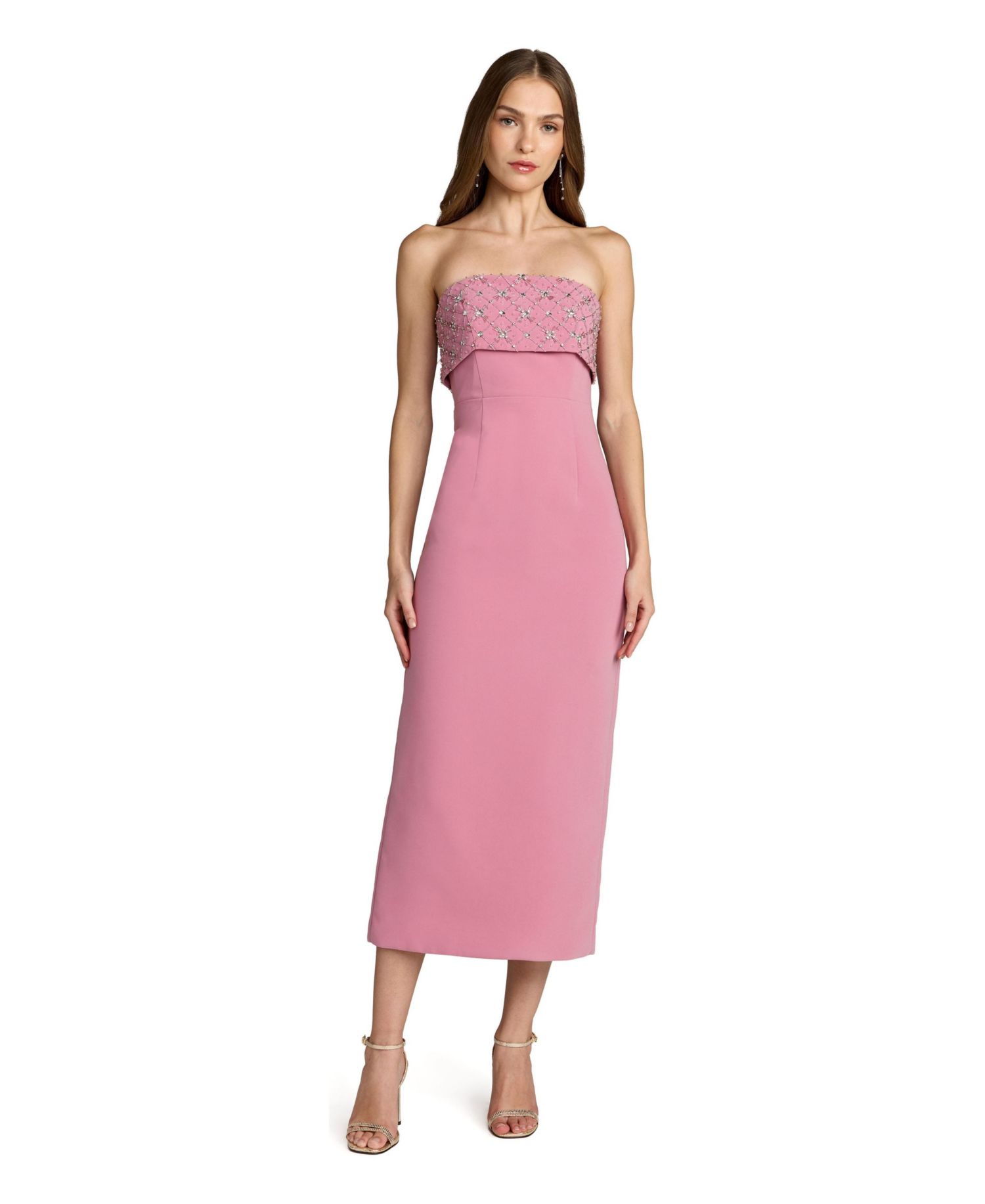 Women's Strapless Crepe Midi Dress with Rhinestone Embellished Bodice