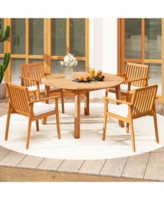5 pieces Acacia Wood Patio Dining Set with Umbrella Hole and Cushions for Deck, Garden
