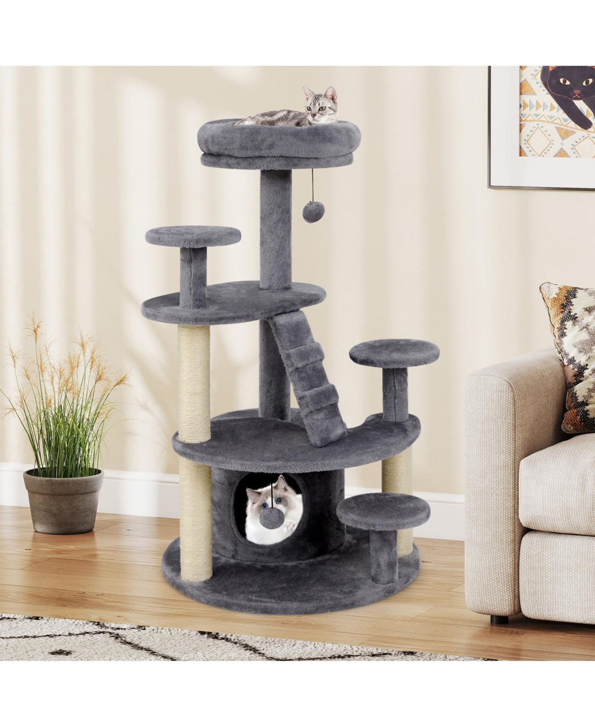 Gymax Cat Tree for Adult Cats Multi-level Kitty Tower With Condo Padded Perch Scratching Posts Plush Dangling Ball Jumping Platforms