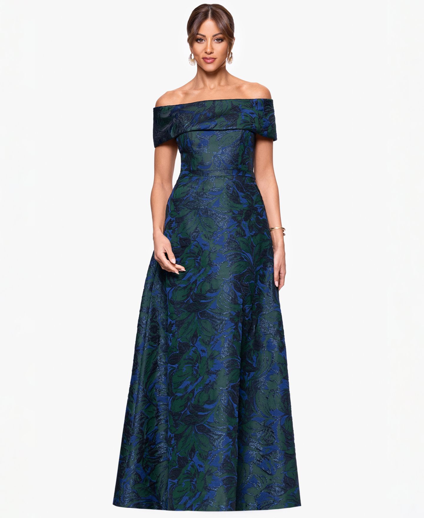 Женское платье XSCAPE Petite Off-The-Shoulder Jacquard Ball Gown, цвет: Тёмно-синий зелёный — фото 2