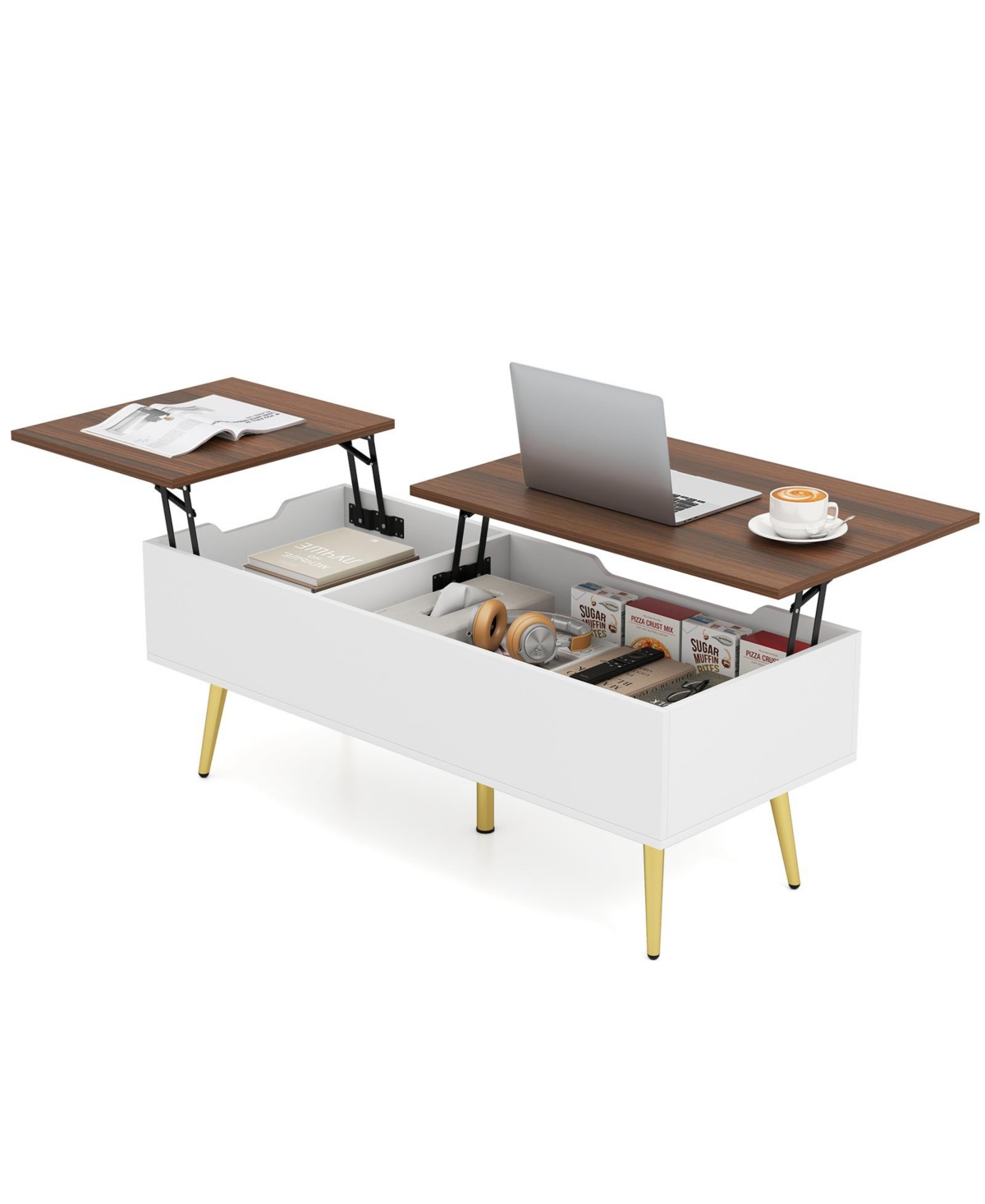 Gymax Lift Top Coffee Table w/ Split Top and 2 Hidden Compartments Tapered Metal Legs