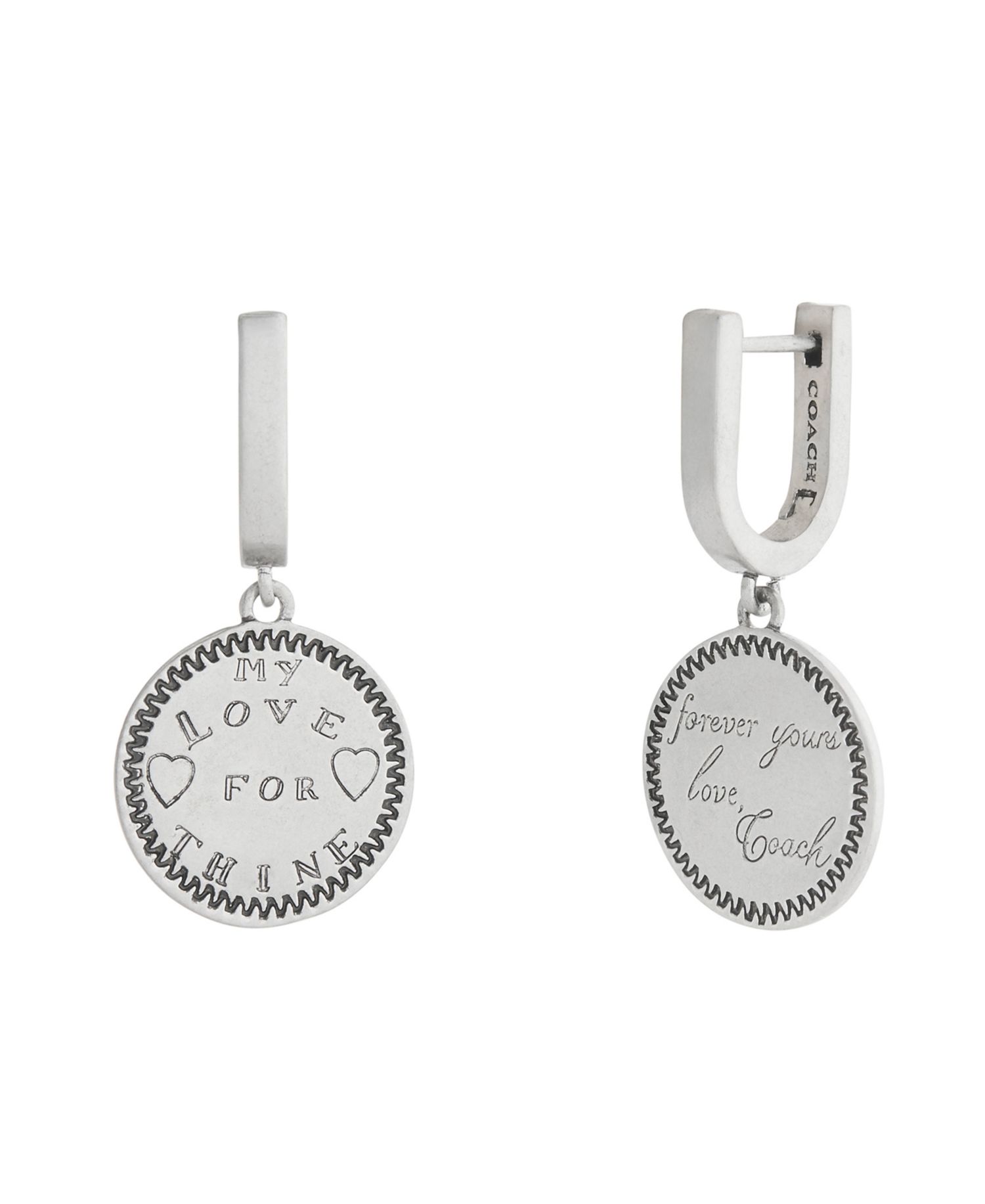 Silver Runway My Love Coin Charm Huggie Earrings
