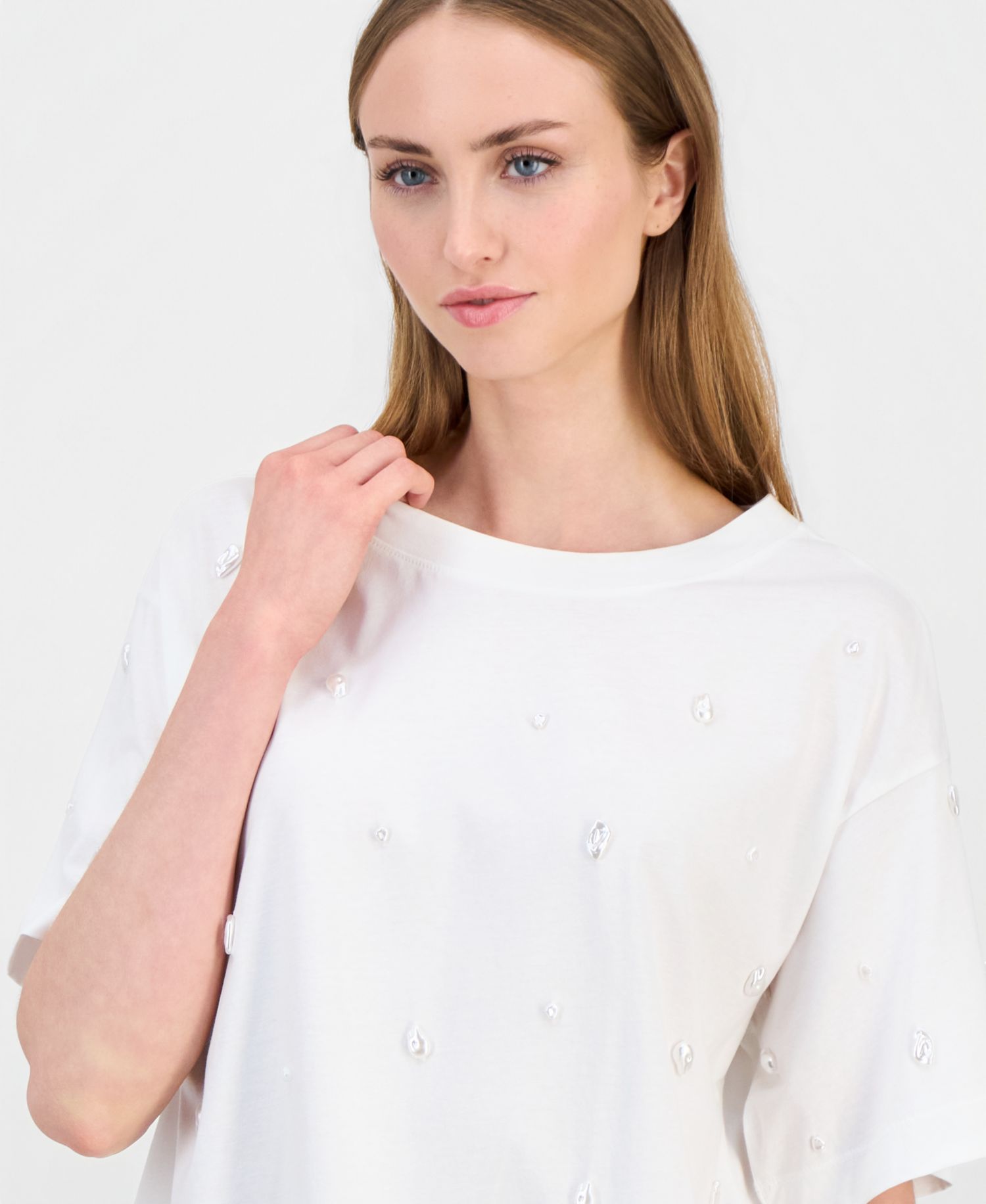 Women's Imitation Pearl Embellished Short Sleeve T-Shirt