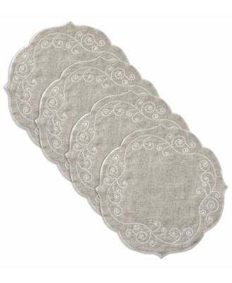 French Perle Linen Embroidered Round Placemats, Set of 4