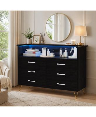 Modern 6-Drawer Dresser with App-Controlled RGB LED Lights and Built-In Charging Station, Water and Mark Resistant MDF with Metal Legs, Easy