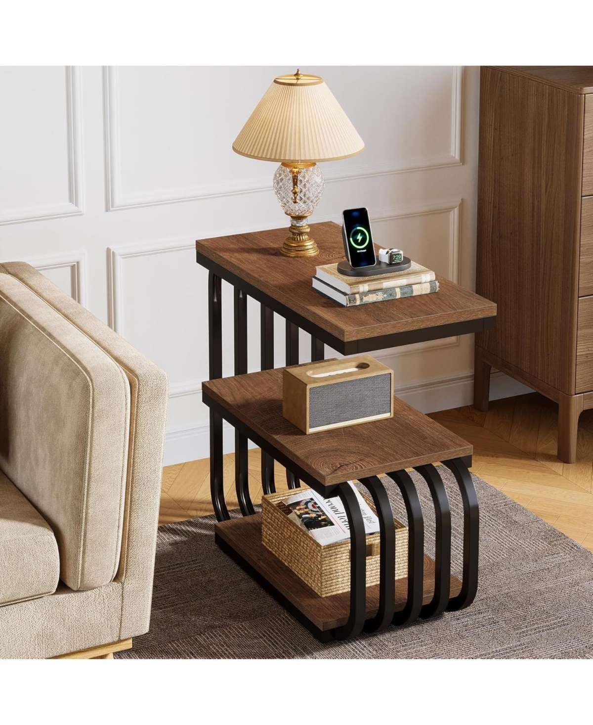 Tribesigns End Table Set of 2, Narrow Side or Bedside Table, 3-Tier Accent with Metal Frame