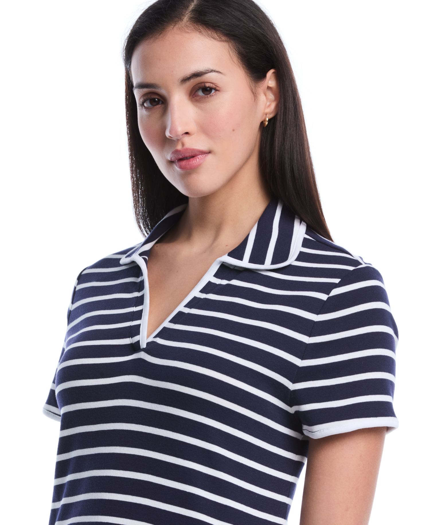 Petite Striped Contrast Trim Johnny Collar Short-Sleeve Polo Shirt