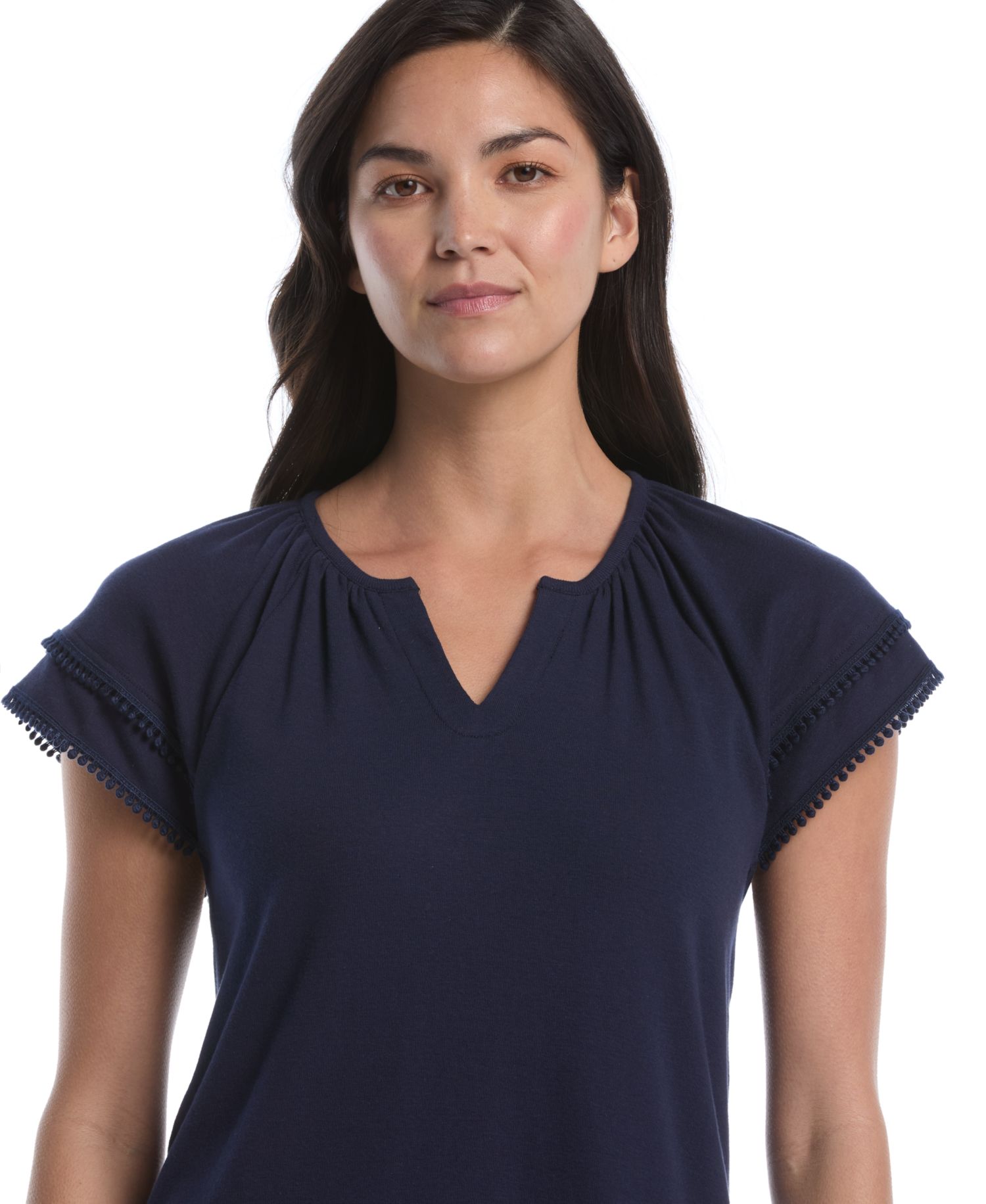 Petite Eyelet Flutter-Sleeve Split Neck Short-Sleeve Top