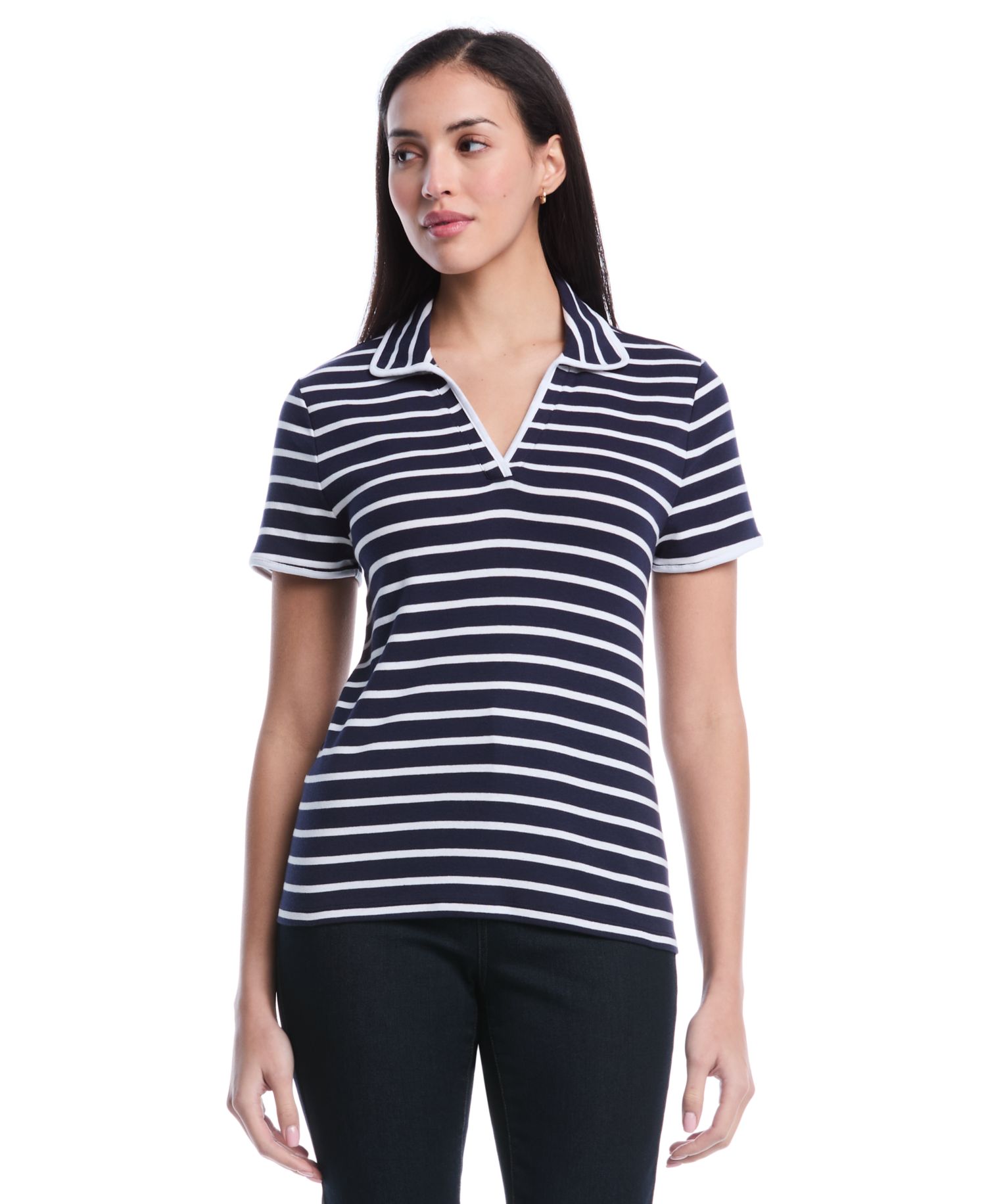Petite Striped Contrast Trim Johnny Collar Short-Sleeve Polo Shirt