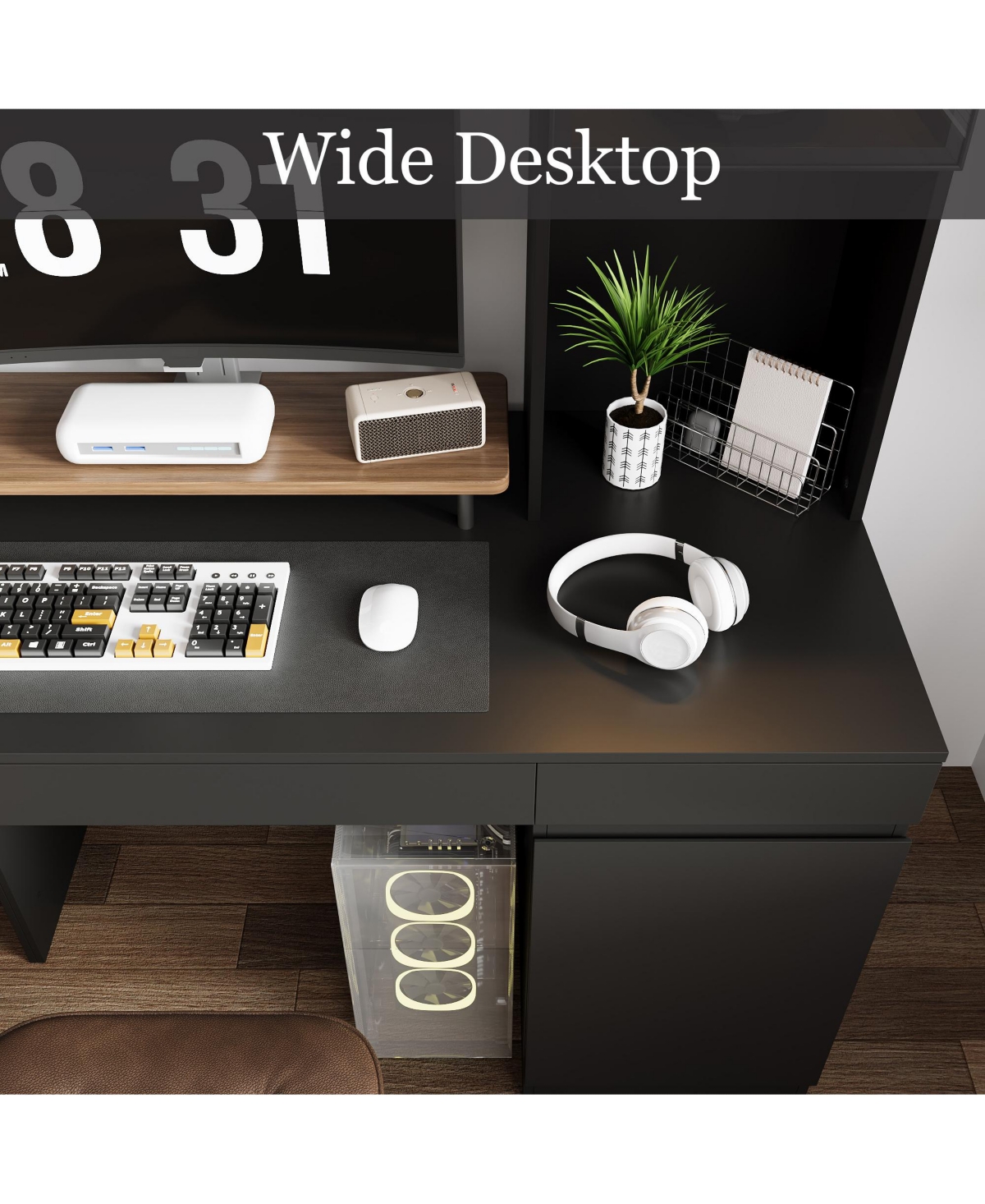 Homsee Giant 90.6 Inch 8-Door 4-Drawer Desk ,Aluminum Frame Glass Cabinet, 3-Color Led Lighting, Home Office Conference Table