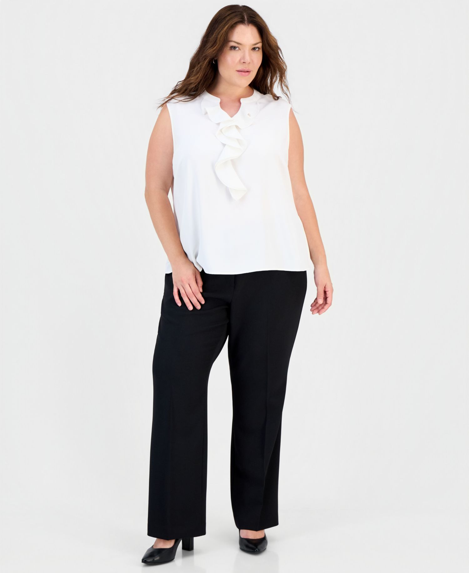 Plus Size Ruffle Split-Neck Sleeveless Top