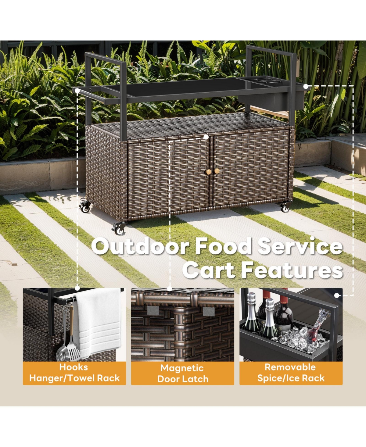 Pocassy Patio Bar Table,Outdoor Kitchen Island with Glass Top,Rattan Storage Cabinet Wheels,Bar Cart for Poolside and Backyard