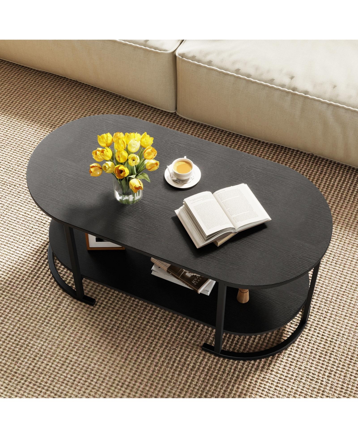 Sugift Oval Coffee Table 2-Tier Wooden Accent Table with Spacious Tabletop and Open Storage Shelf