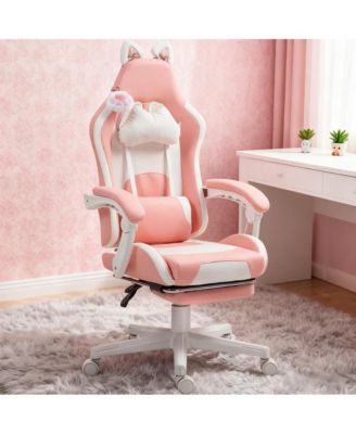Cute Cat Style Gaming Chair with Footrest,Faux Leather Gamer Chair
