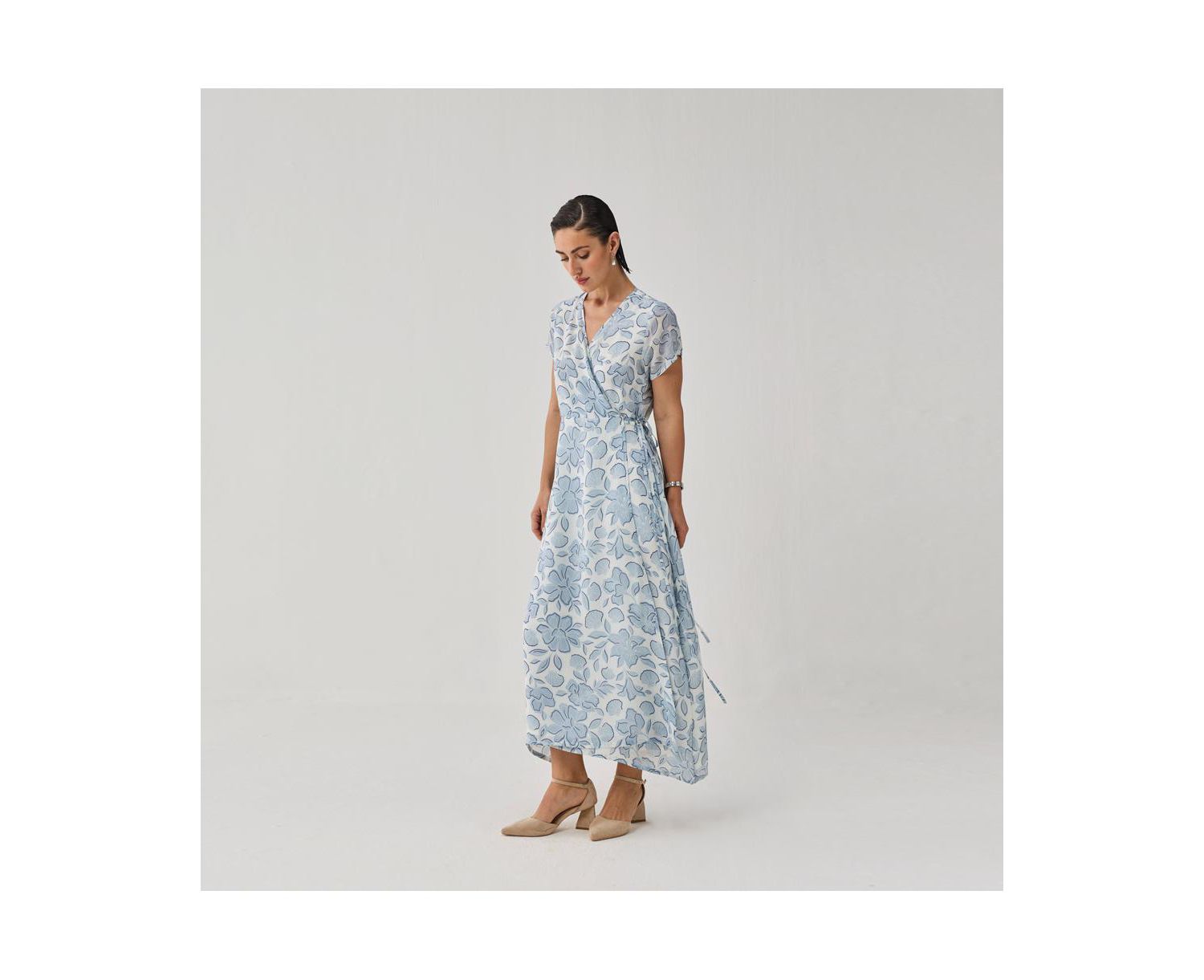 Women's Floral Print Tie Waist Wrap Maxi Dress