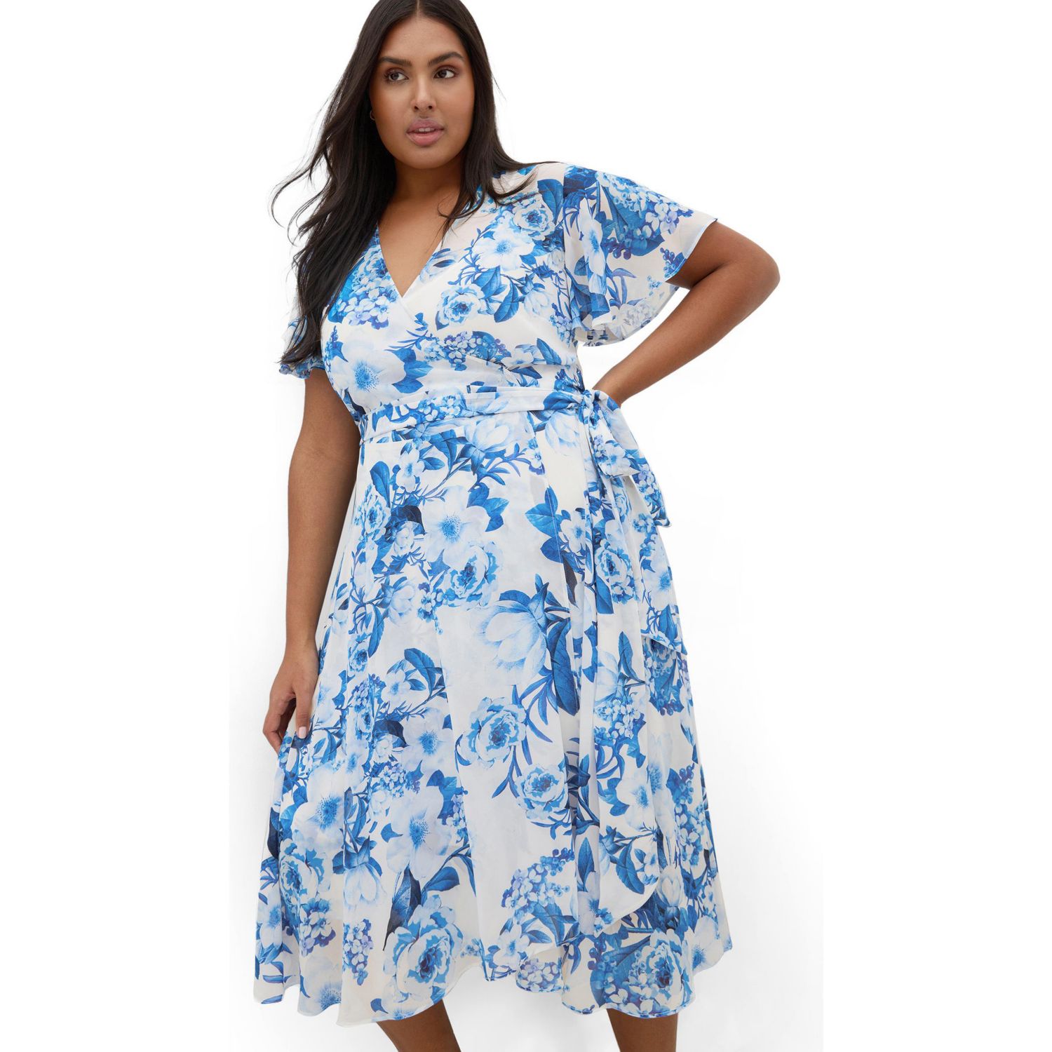 Plus Size Short Sleeve Bluebell Print Wrap Midi Dress