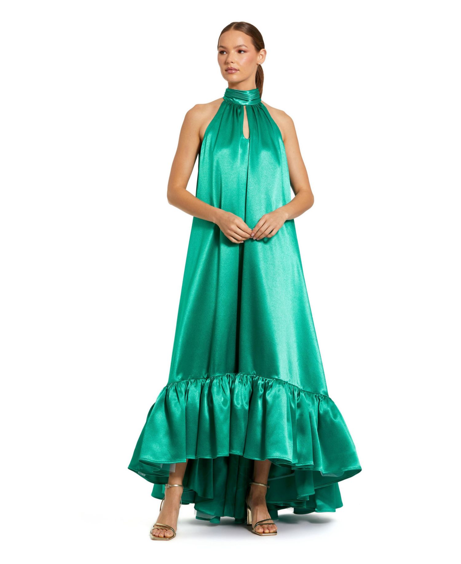 Women's Sleeveless Halter Neck Satin High-Low Gown