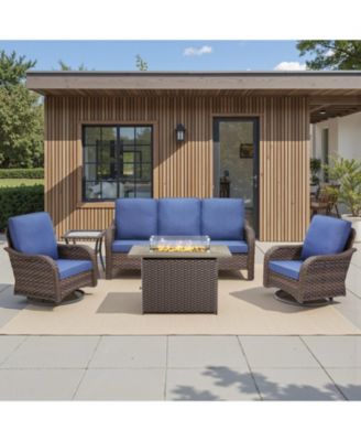 5 Pieces Patio Furniture Set, Outdoor Wicker Sofa Couch with Swivel Chairs Fire Pit Table, High Back All Weather Modern Conversation Sets