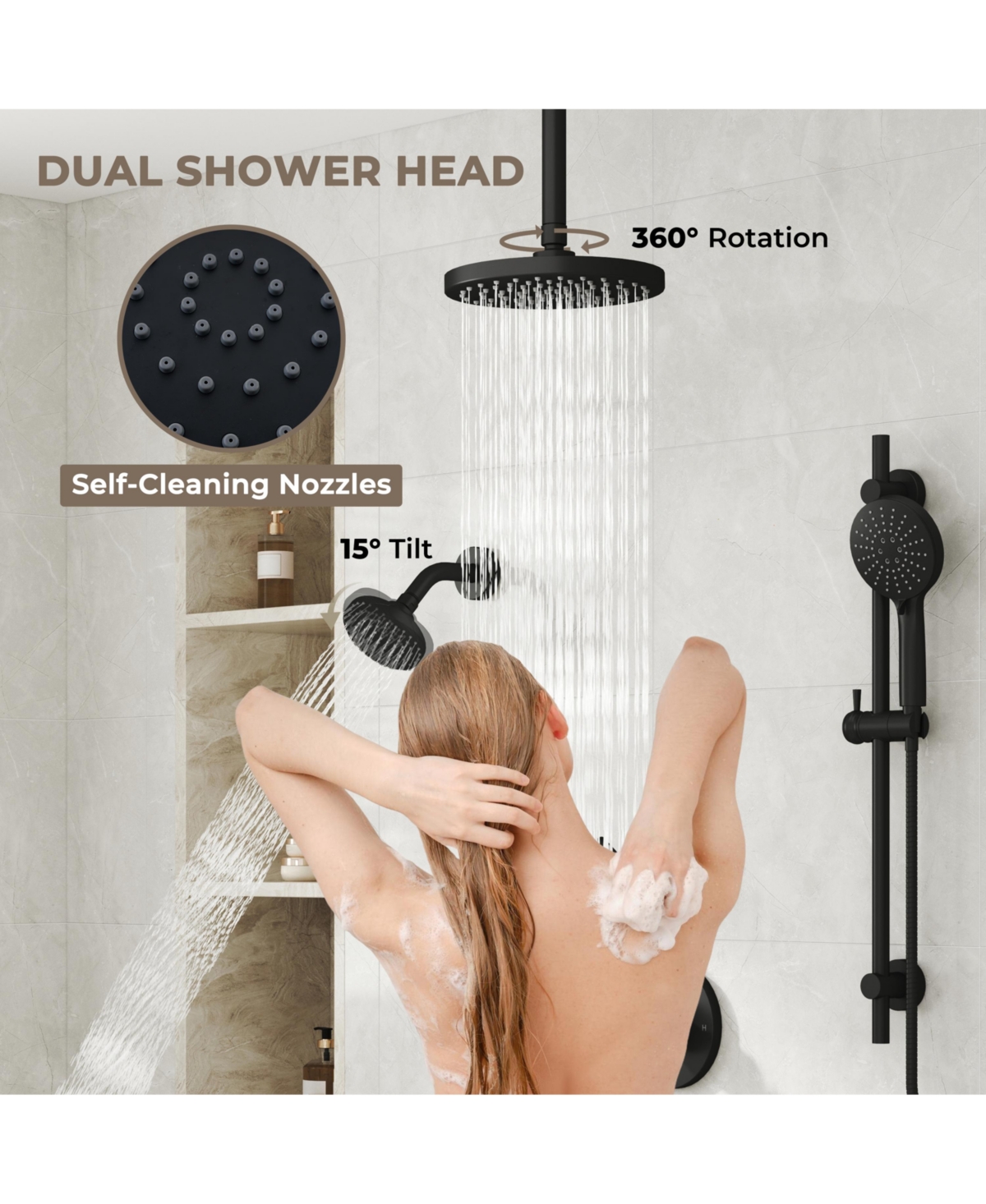 Casainc Dual Heads 3-Function Rainfall Shower System with 3-Mode Handheld and Adjustable Slide Bar