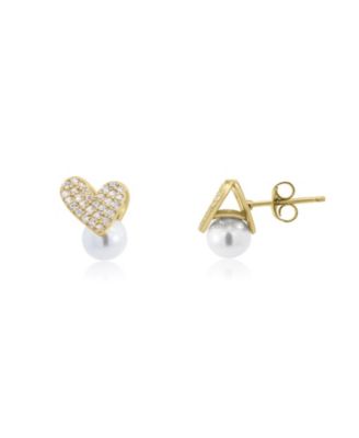 Pearl Heart CZ Stud Earrings 14K Gold-Plated Sterling Silver