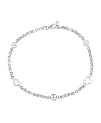 Peace Sign and Hearts Charm Anklet Ankle Bracelet .925 Sterling Silver Adjustable 9-10 Inch