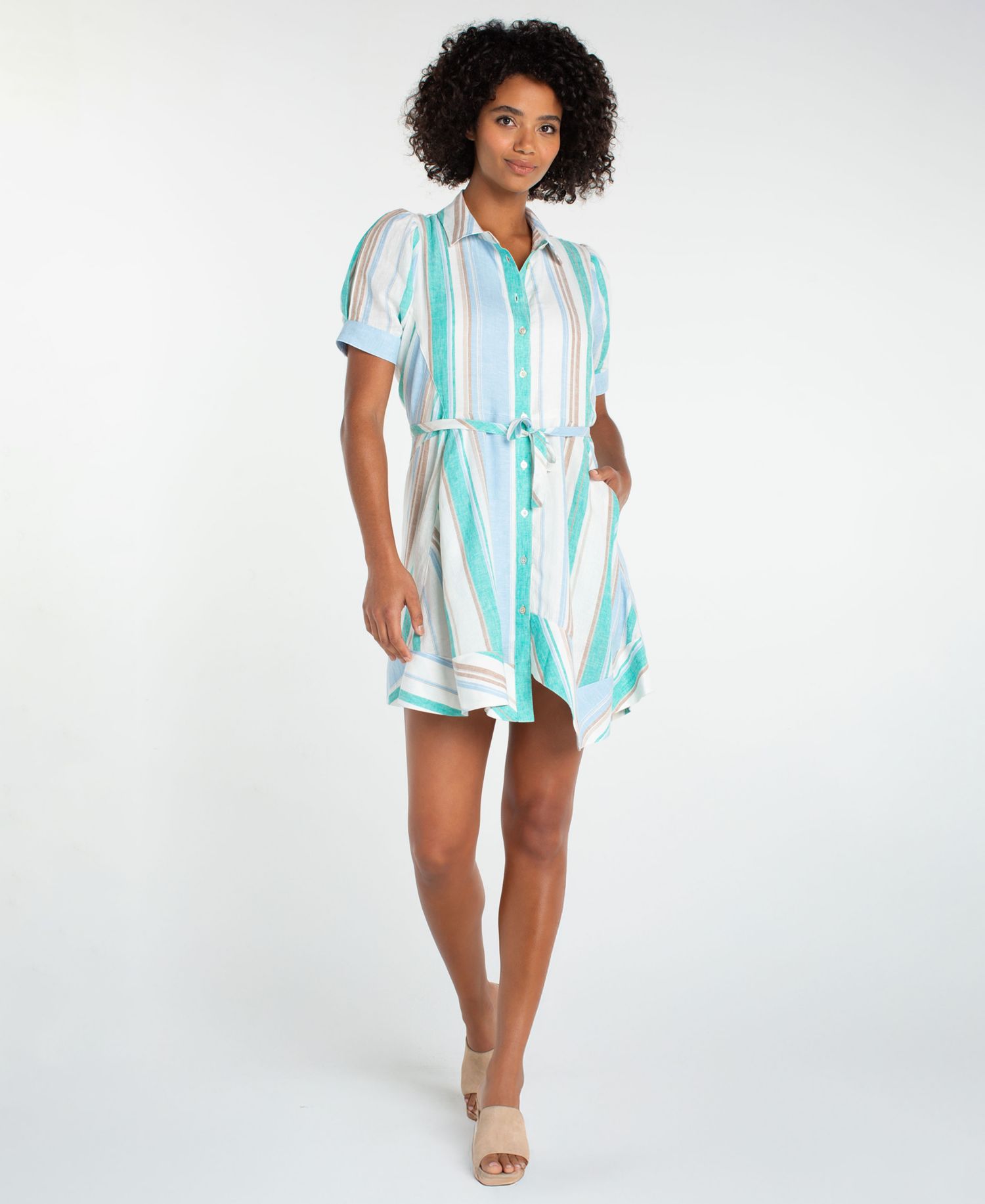 Women's Short-Sleeve Asymmetrical Hem Woven Shirt-Dress