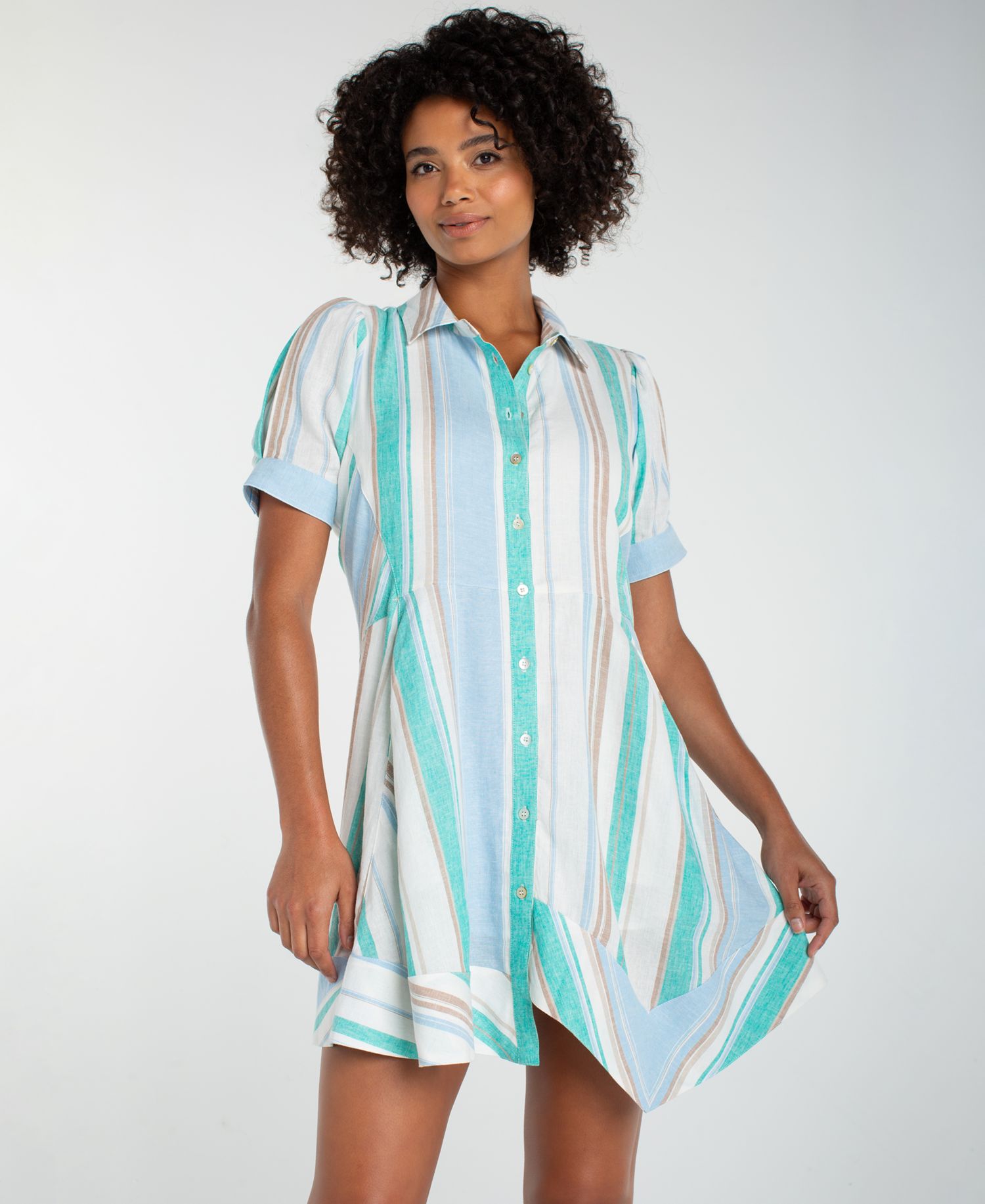 Women's Short-Sleeve Asymmetrical Hem Woven Shirt-Dress