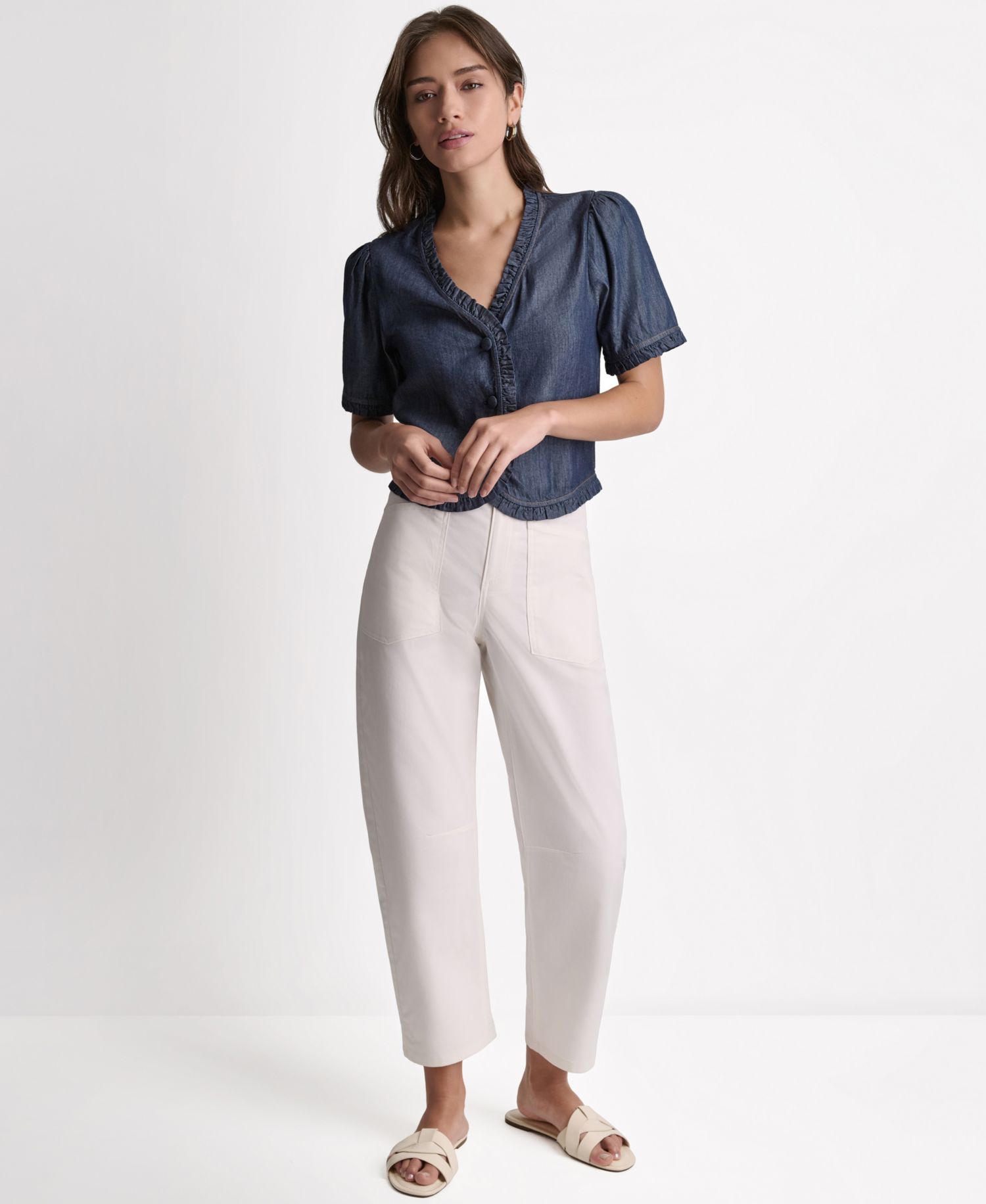 Women's Short-Sleeve Ruffle Detail Button-Front Top