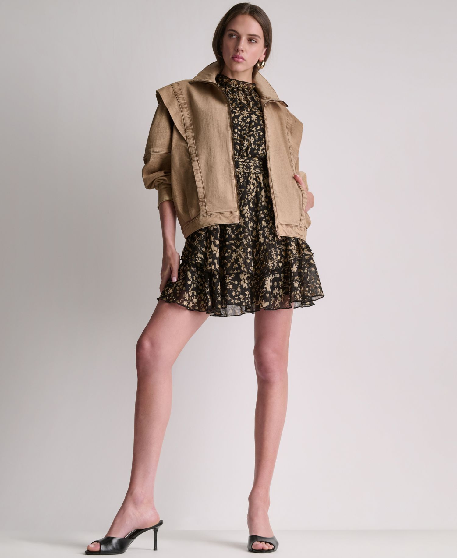 Women's Printed Puff Short-Sleeve Mock-Neck Dress
