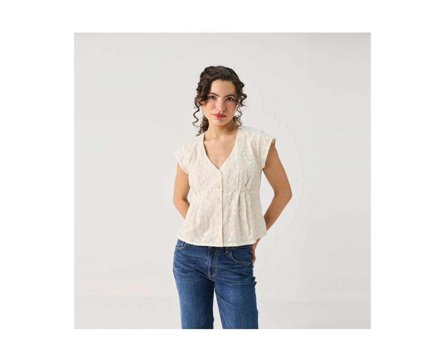 Women's Cream Embroidered Deep V-Neck Top