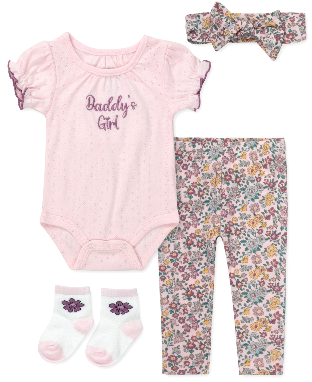 Baby Essentials Baby Girls' Short-sleeve Bodysuit, Socks, Headband And Leggings, 4-piece Set In Pink