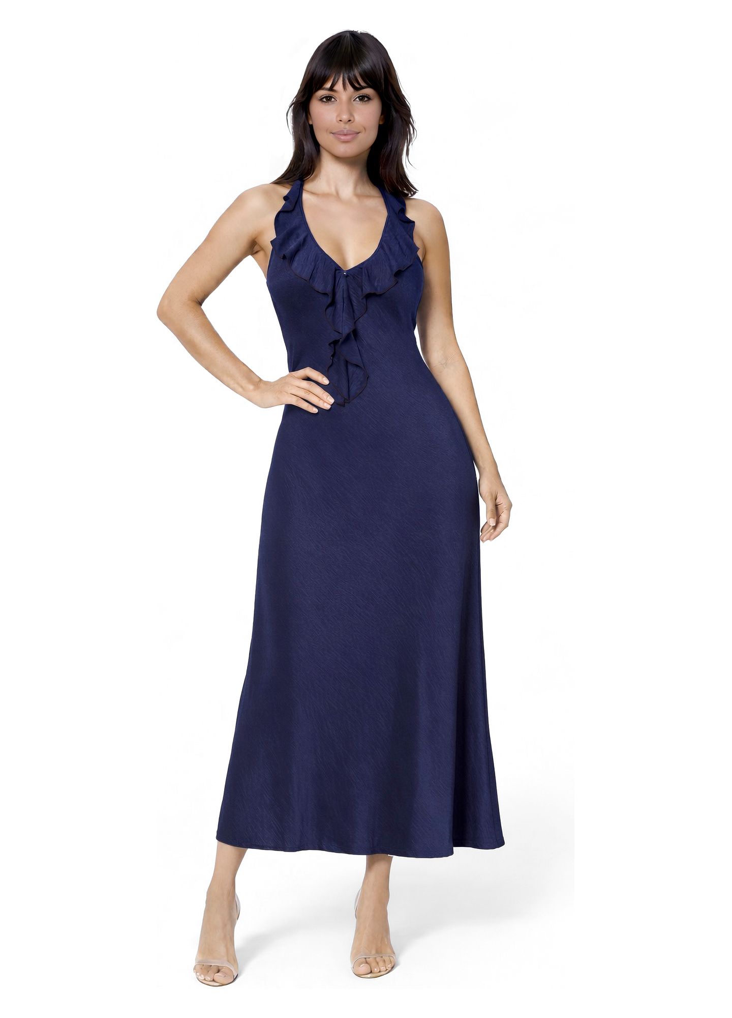 Женское платье Bebe Crushed Satin Ruffle Halter Maxi, цвет: Тёмно-синий — фото 1