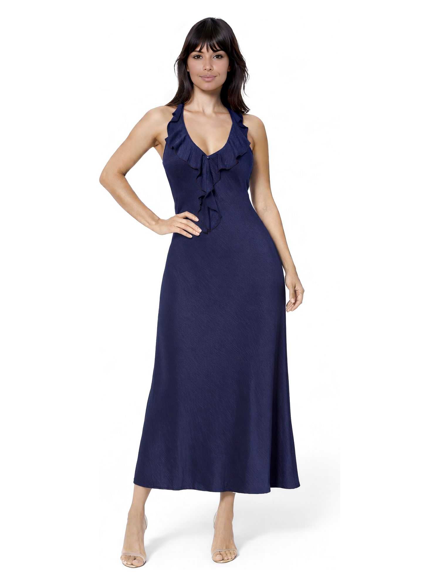 Women's Crushed Satin Ruffle Halter Maxi Dress