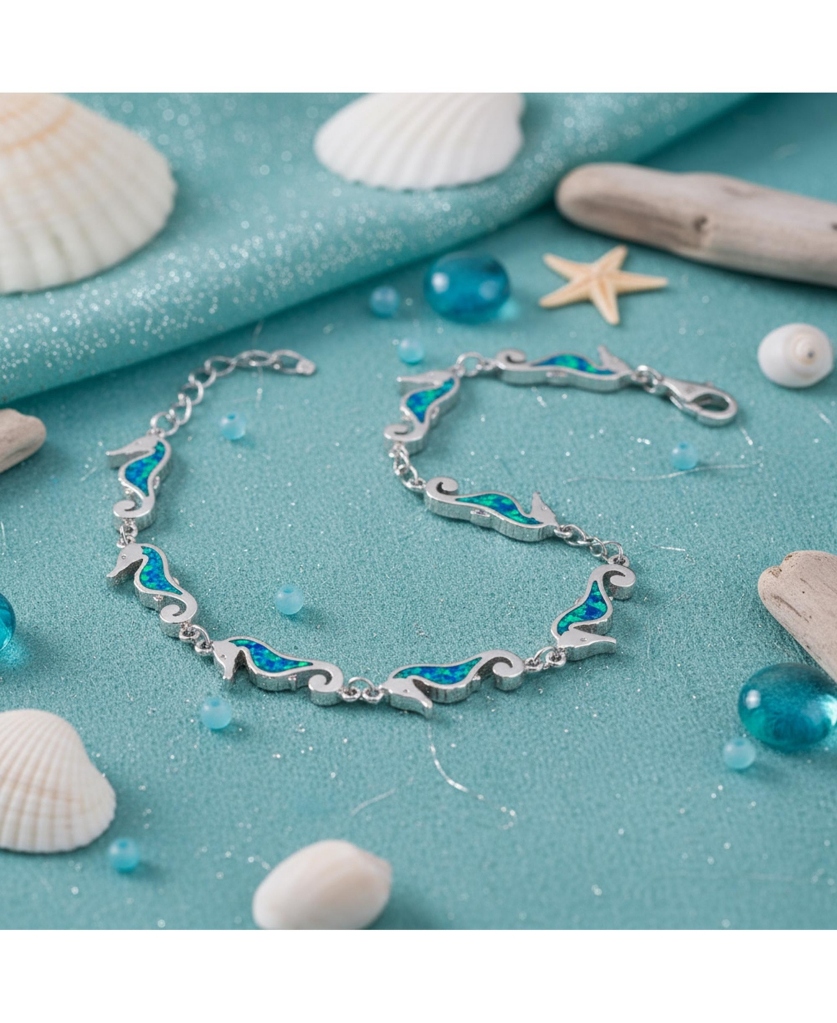 Bling Jewelry Nautical Life Created Blue Opal Multi Seahorse Charm Link Bracelet