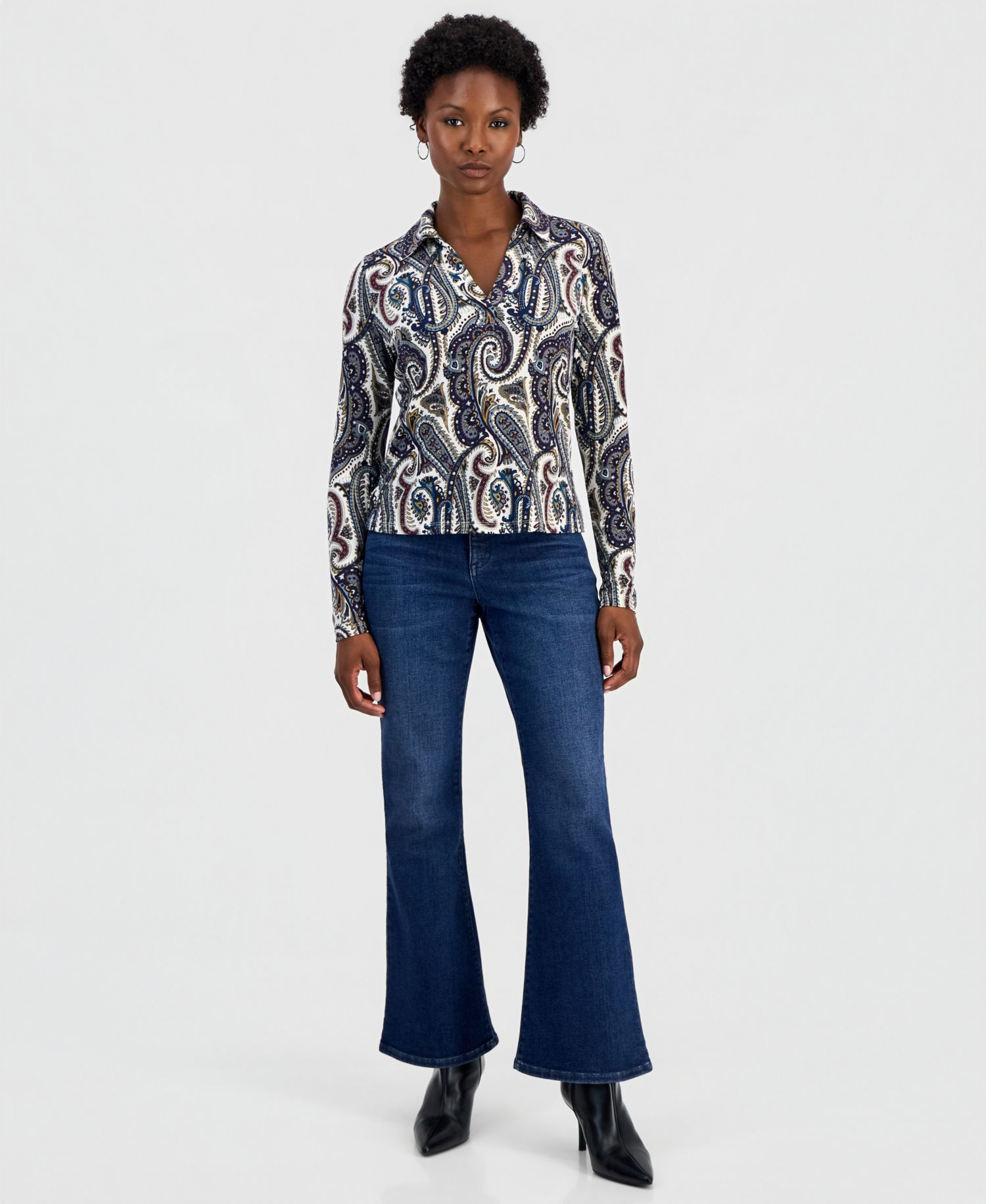 Petite Paisley Long-Sleeve Johnny Collar Top