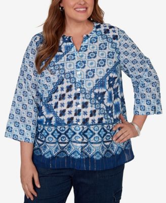 Plus Size Indigo Girls Ikat Tie-Dye Patchwork Henley Top