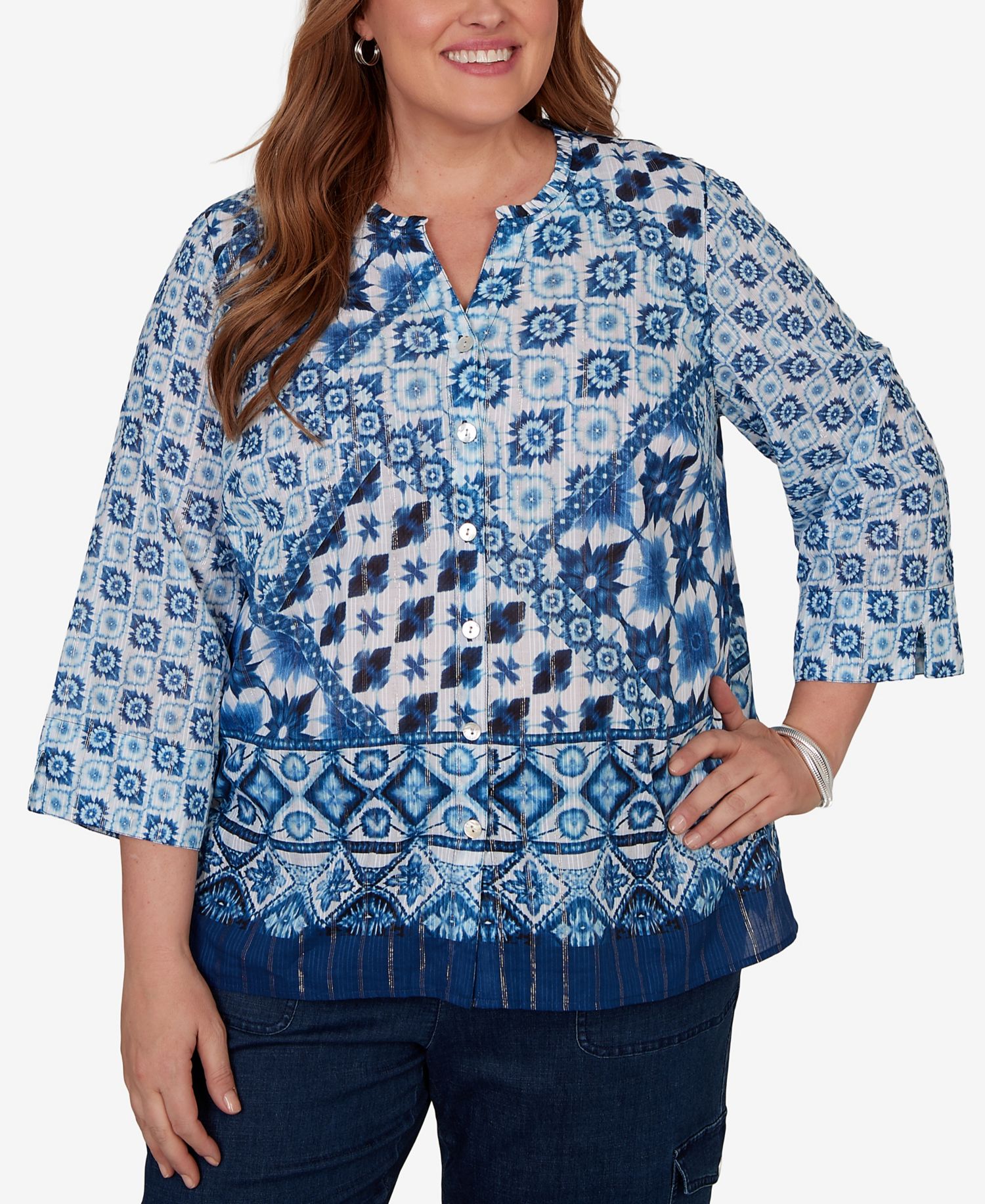 Plus Size Ikat Tie-Dye Patchwork Henley Top