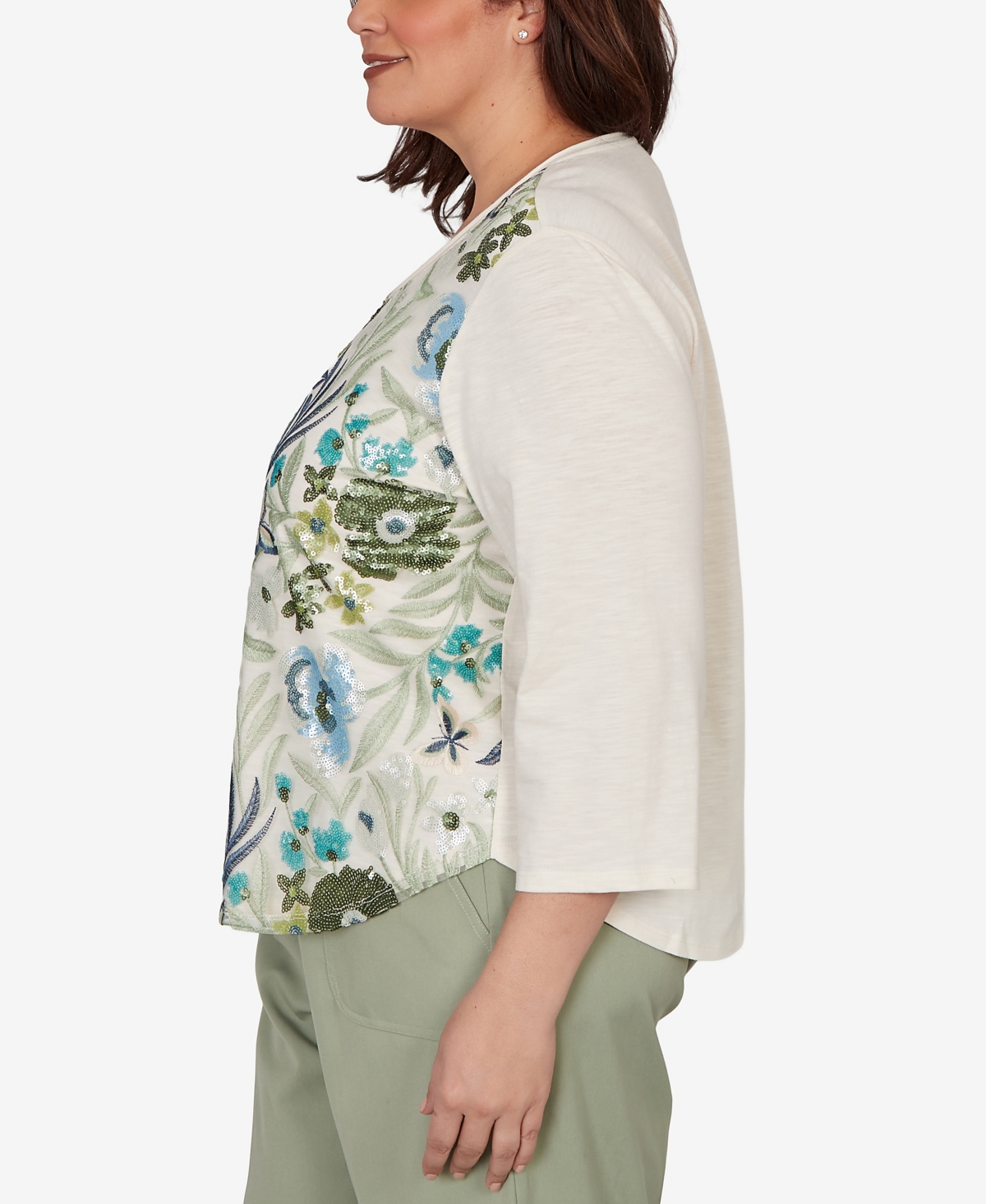 Alfred Dunner Plus Indigo Girls Sequined Floral Mesh Overlay Knit Top