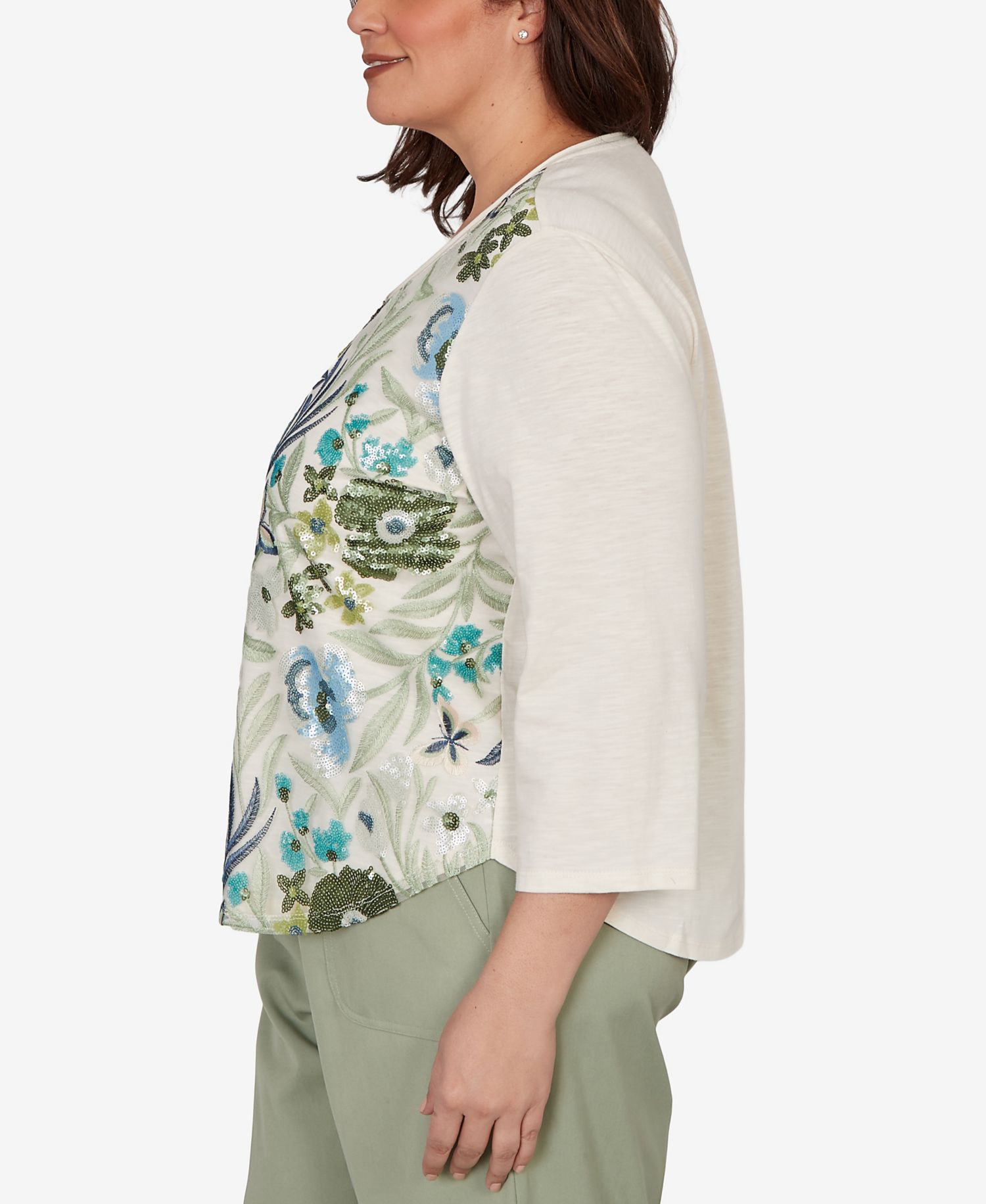 Plus Size Sequined Floral Mesh Overlay Knit Top