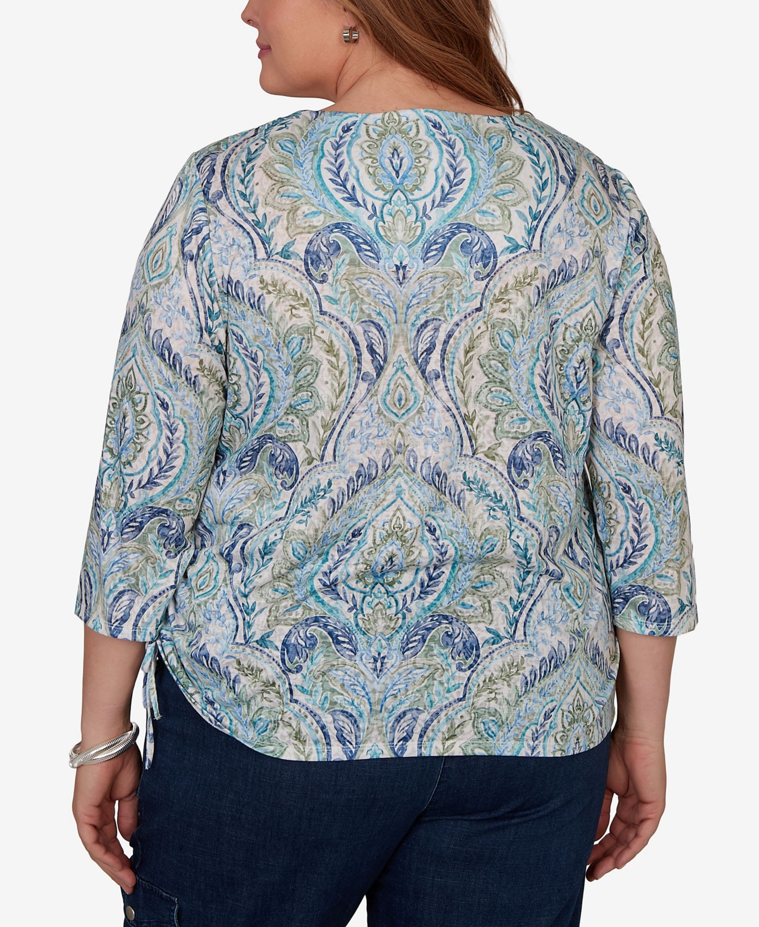Plus Size Medallion Print Braided Neck Top