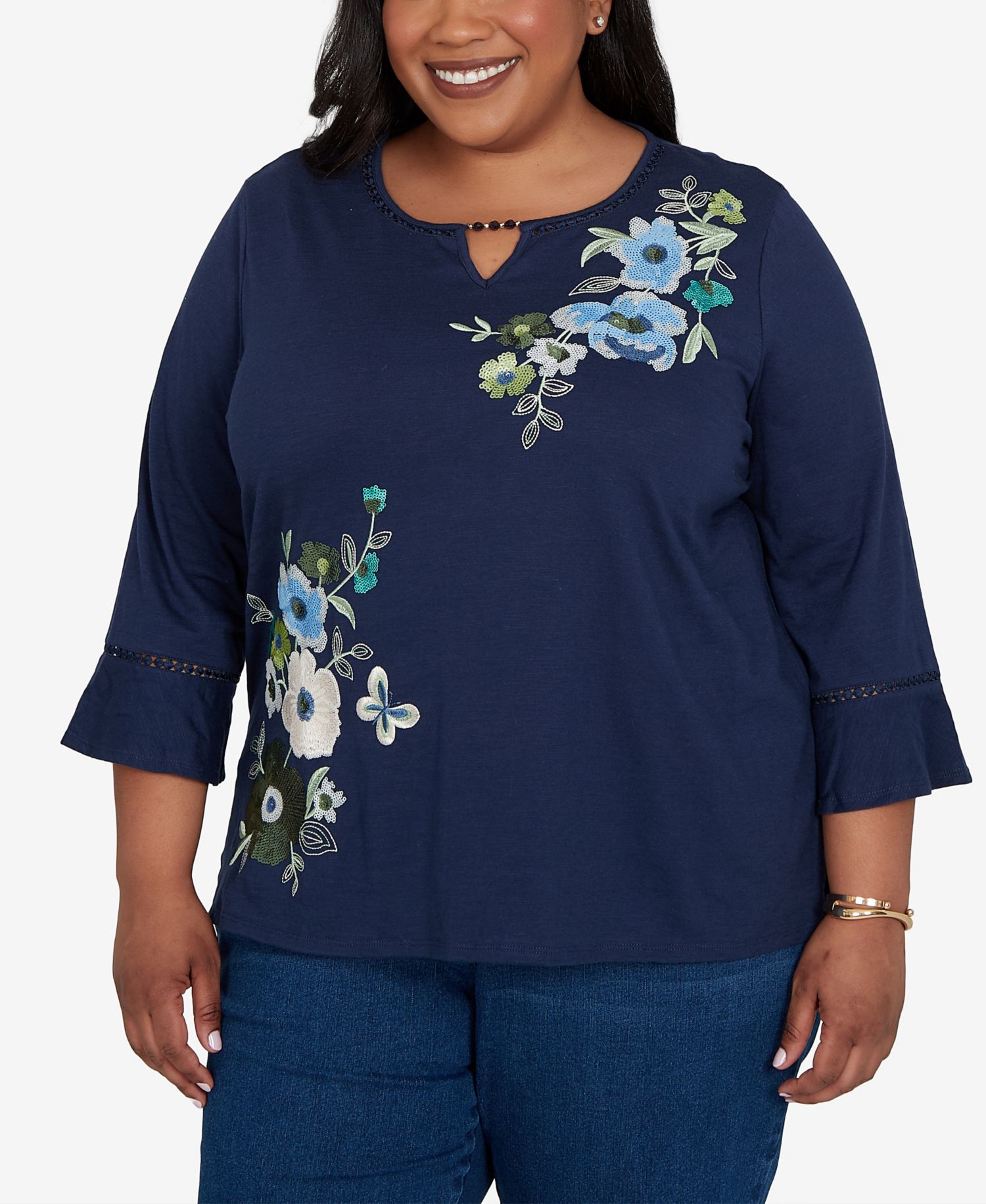 Plus Size Asymmetric Sequin Flowers Knit Top