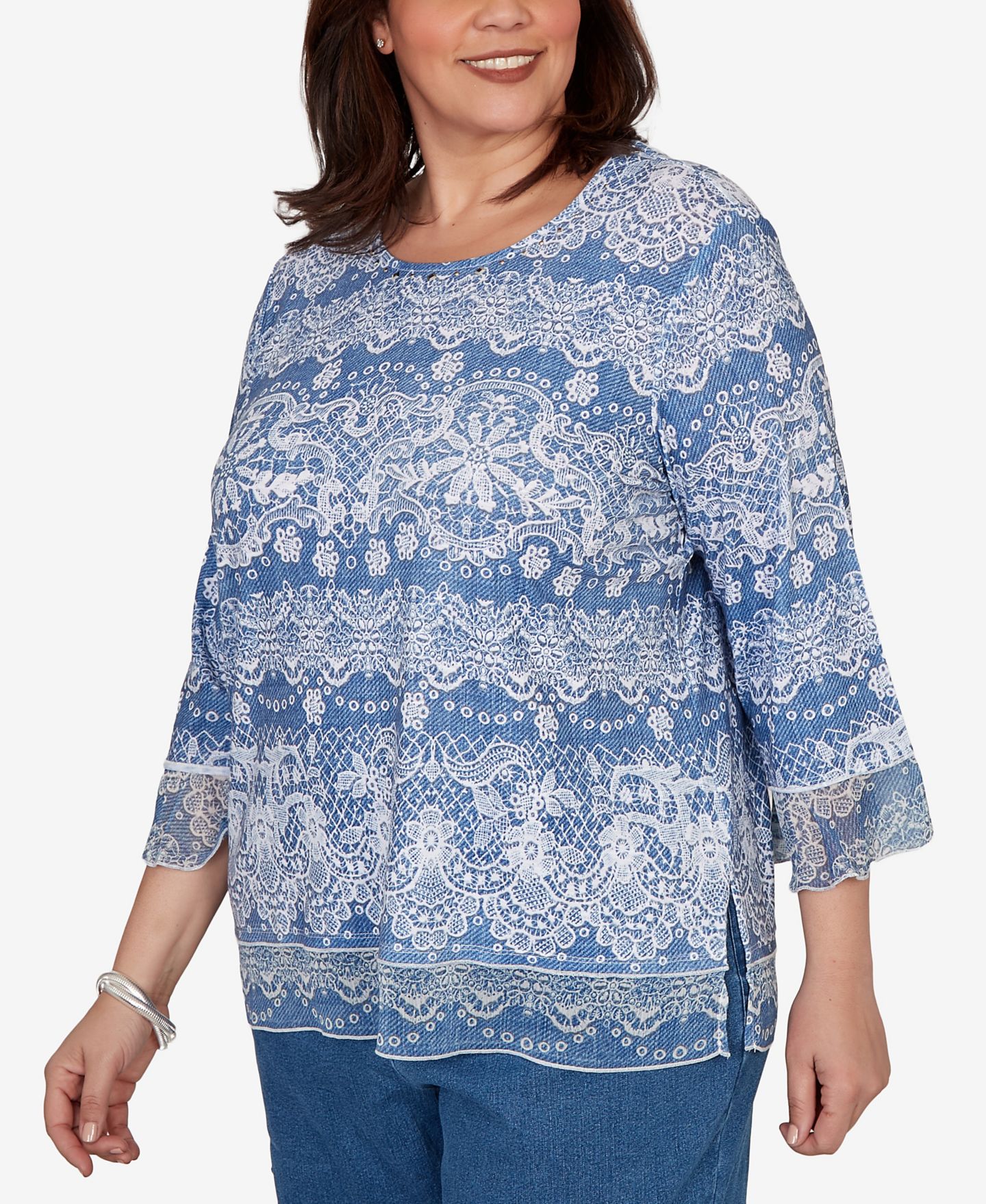 Женский топ Alfred Dunner Plus Size Camden Market Lacey Striped Knit, цвет: Джинсовый — фото 3